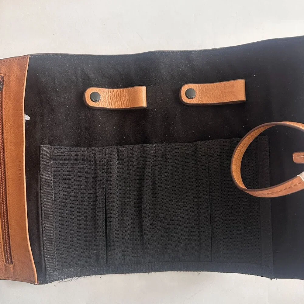 Fossil Mens Leather Tech Wrap Travel Organizer With Snap Closures Zipper Pocket